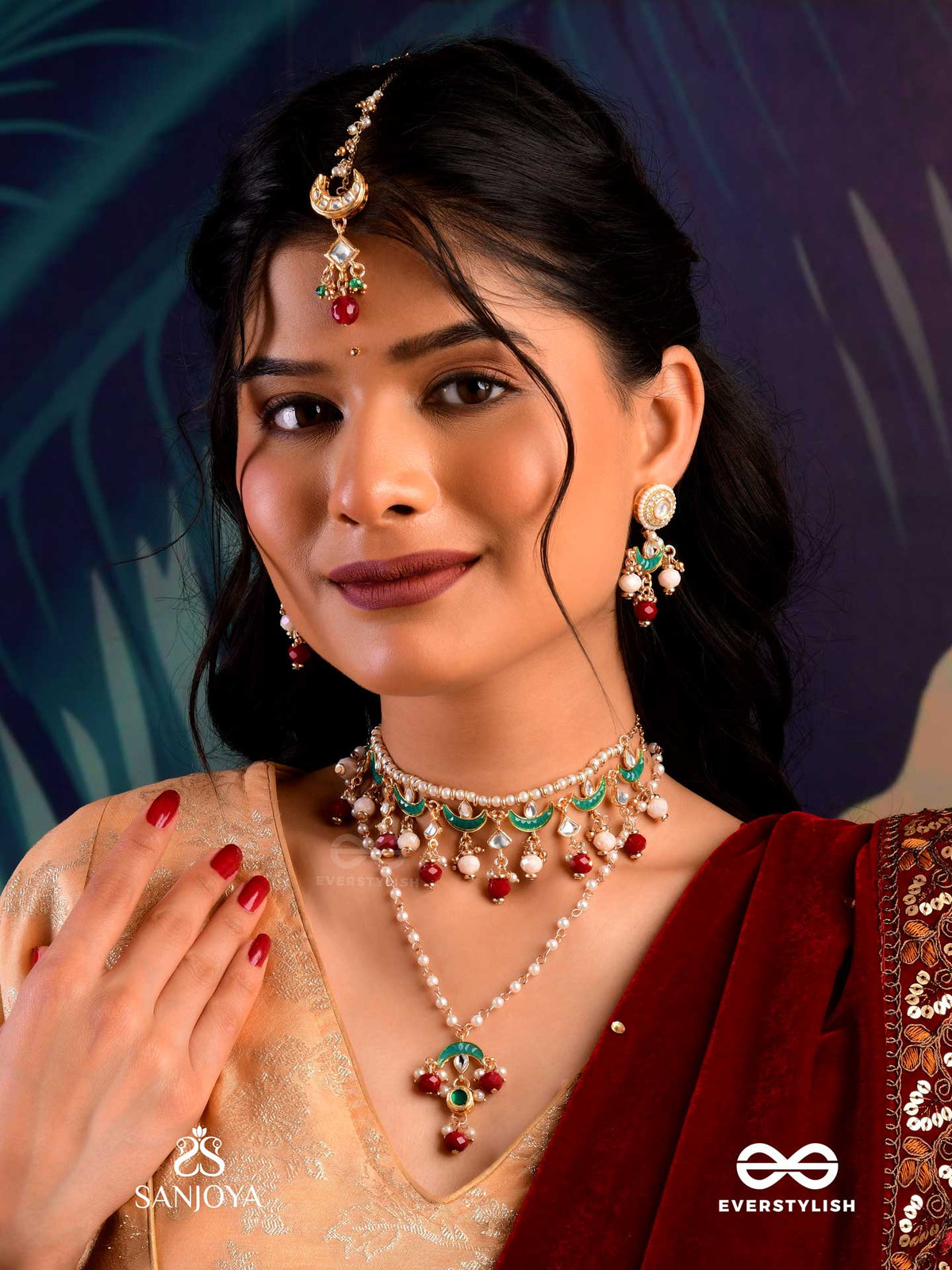 Induraga - Melody Of The Moon - Royal Kundan Maangtika With Crescent Motifs And Ruby Drops