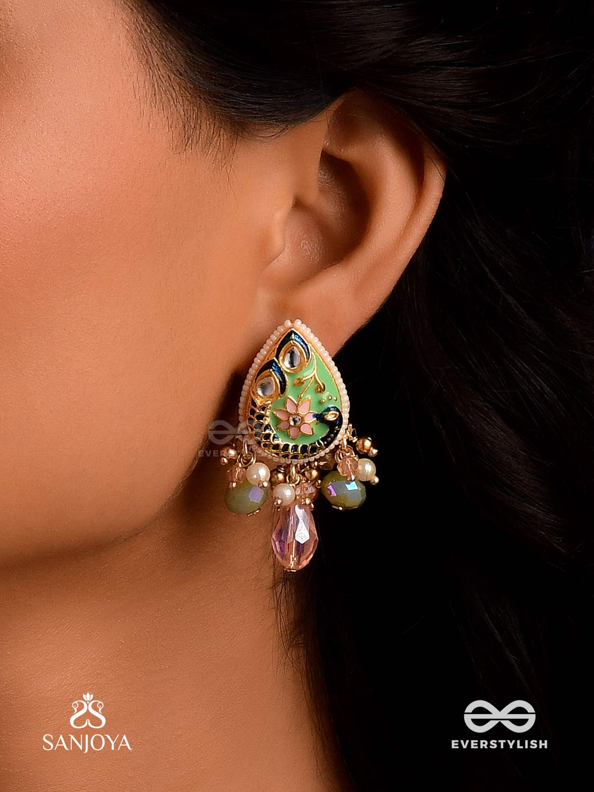 Madhurima - Sweet Elegance - Handcrafted Heritage Kundan Earrings With Golden Polki And Gem Drops