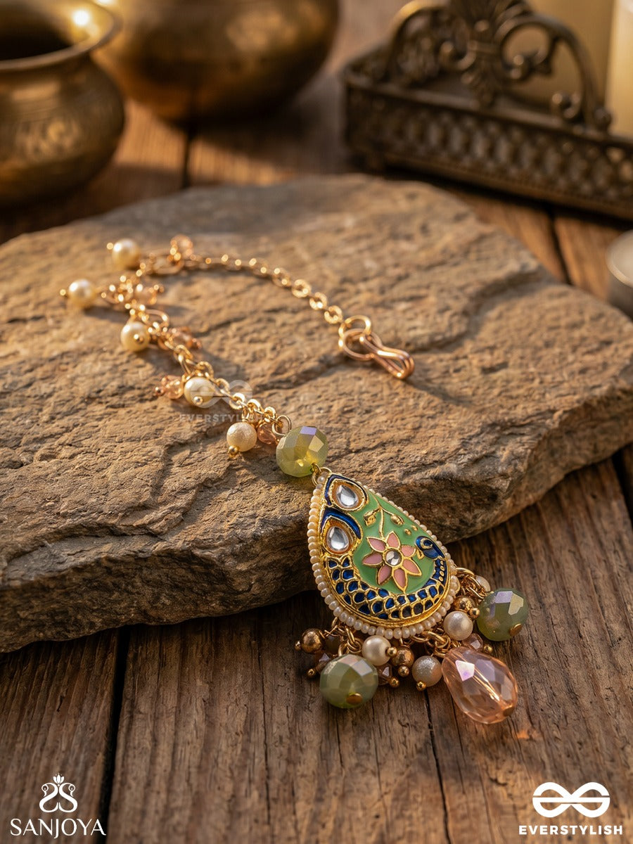 Madhurima - Sweet Elegance - Handcrafted Heritage Kundan Maangtika With Golden Polki And Gem Drops