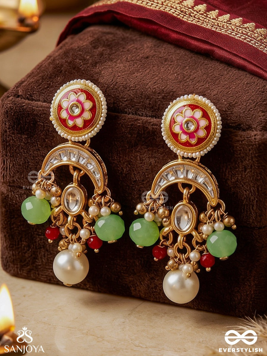 Suvarnachandra - Golden Moon - Royal Kundan Earrings With Ornate Crescent Designs And Gem Embellishments
