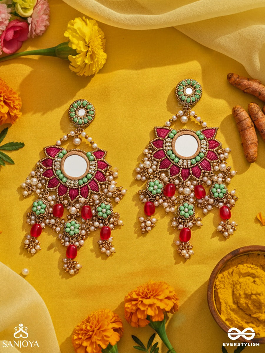 Rangkamini - Jewelled Blossom - Grand Floral Chandelier Earrings With Mirror Centre, Ruby Petal Motifs, Turquoise Accents And Gem Drop Cascade