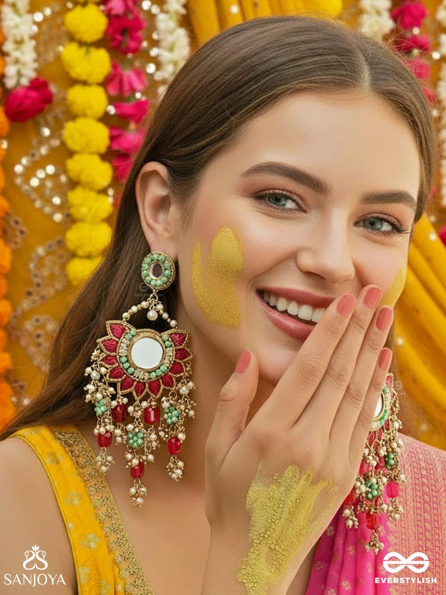 Rangkamini - Jewelled Blossom - Grand Floral Chandelier Earrings With Mirror Centre, Ruby Petal Motifs, Turquoise Accents And Gem Drop Cascade