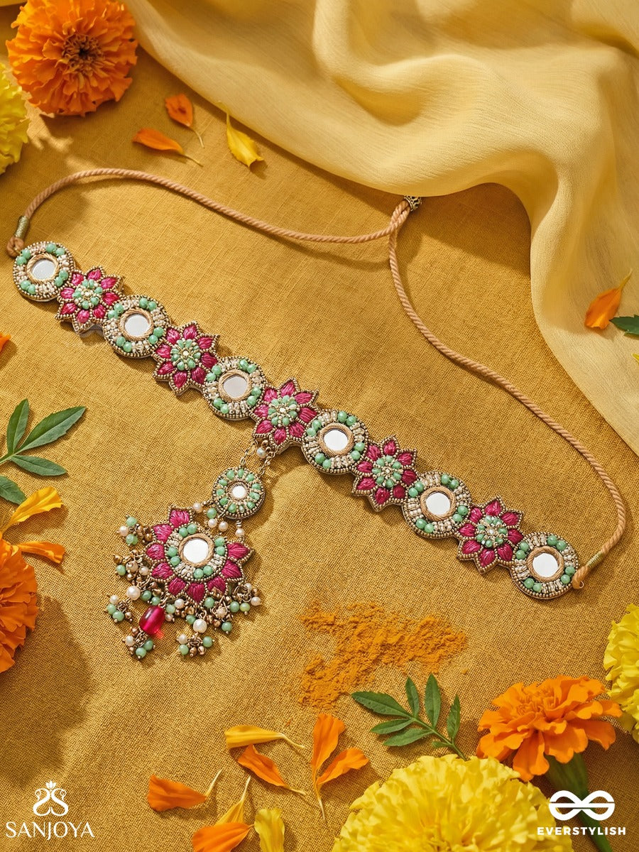 Vasukusuma - Treasured Bloom - Floral Forehead Ornament With Mirror Medallions, Ruby Blossom Motifs And Gem Drop Centrepiece