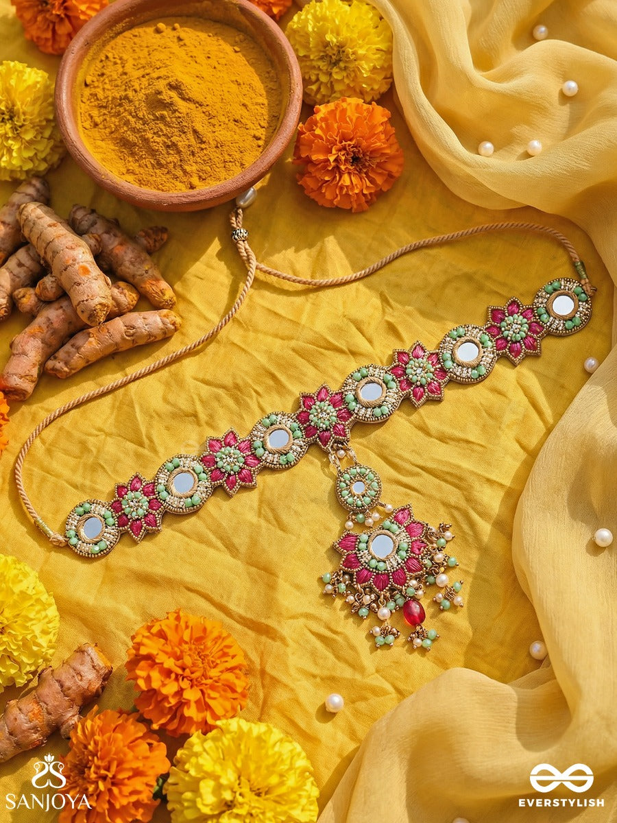 Vasukusuma - Treasured Bloom - Floral Forehead Ornament With Mirror Medallions, Ruby Blossom Motifs And Gem Drop Centrepiece