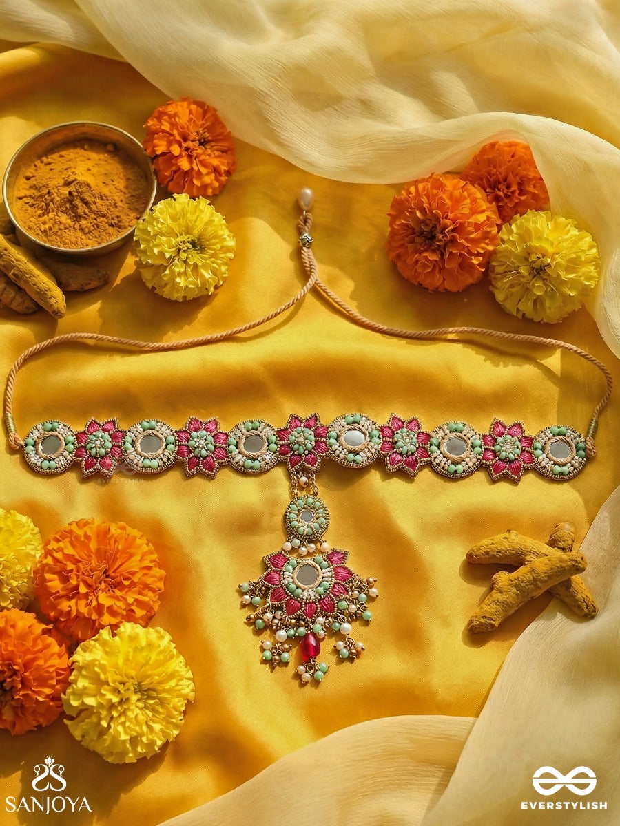 Vasukusuma - Treasured Bloom - Floral Forehead Ornament With Mirror Medallions, Ruby Blossom Motifs And Gem Drop Centrepiece