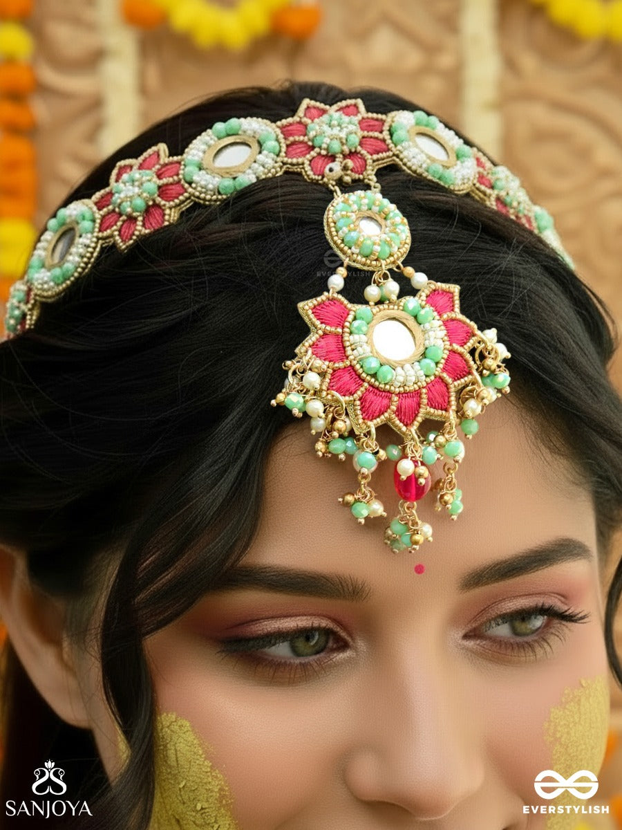 Vasukusuma - Treasured Bloom - Floral Forehead Ornament With Mirror Medallions, Ruby Blossom Motifs And Gem Drop Centrepiece