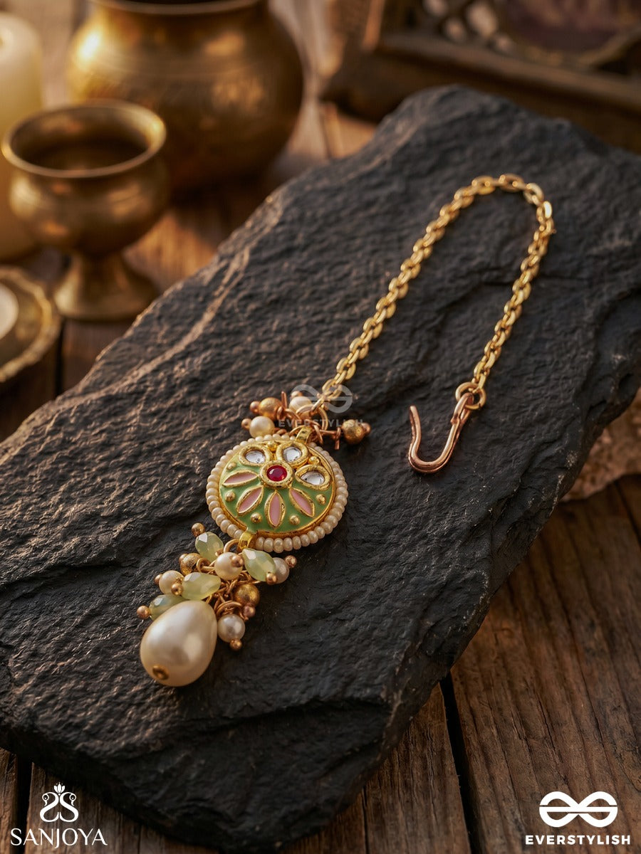 Tanvika - Delicate Beauty- Delicate Enamelled Maangtika With Pearls And Beads