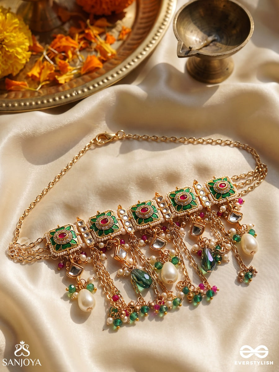 Raniraga - Queen's Melody- Exquisite Kundan Neckpiece With Floral Enamel Work, Beads And Pearls