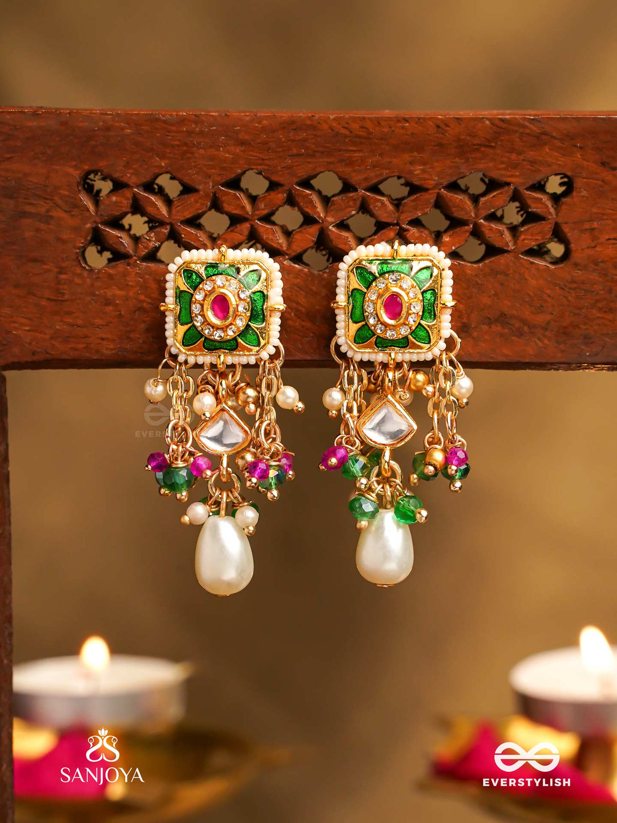 Raniraga - Queen's Melody- Exquisite Kundan Earrings With Floral Enamel Work, Beads And Pearls