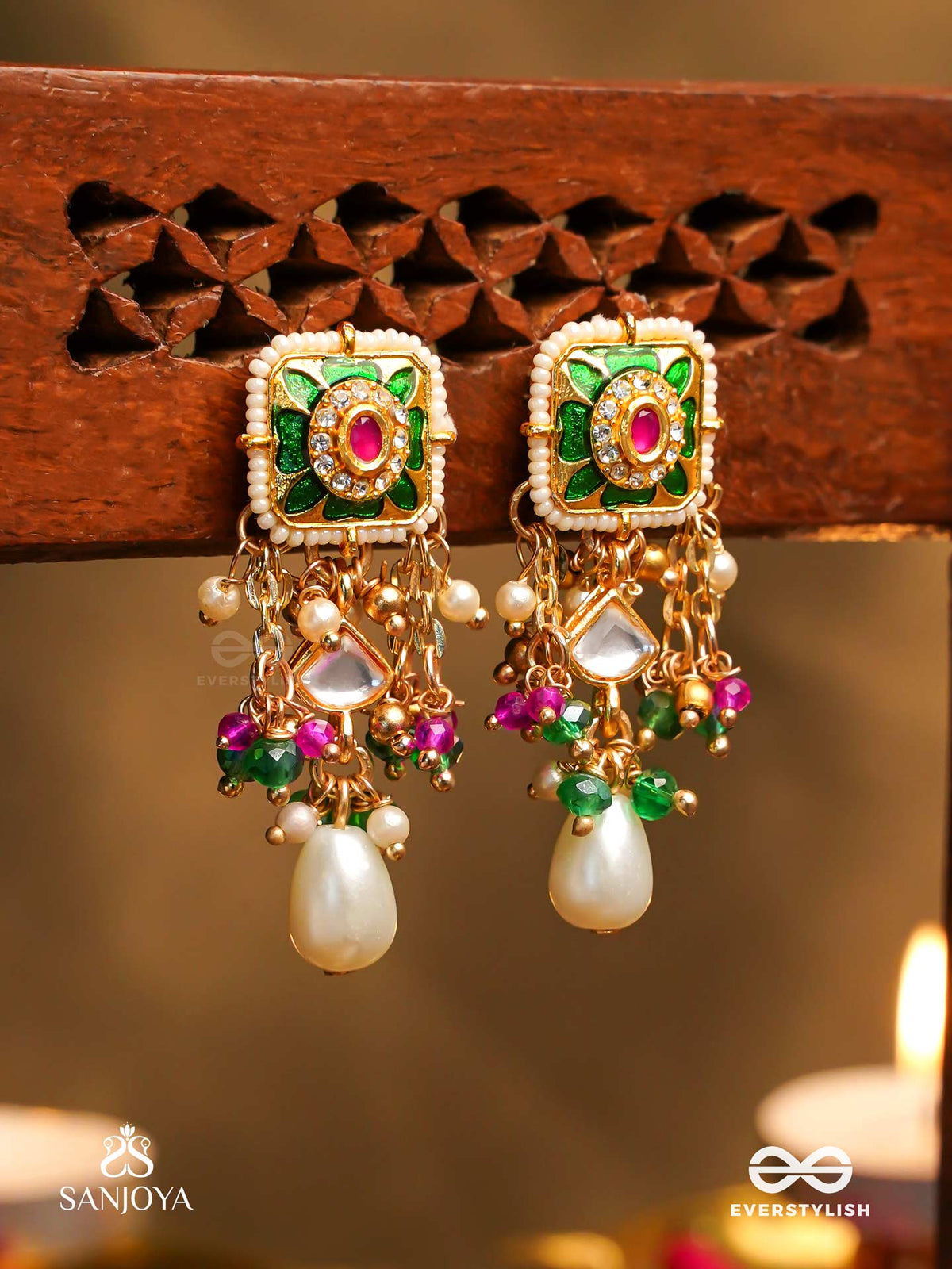 Raniraga - Queen's Melody- Exquisite Kundan Earrings With Floral Enamel Work, Beads And Pearls