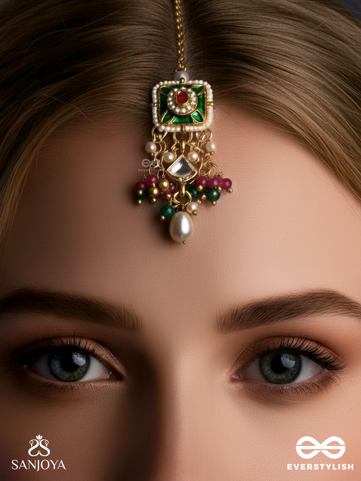 Raniraga - Queen's Melody- Exquisite Kundan Maangtika With Floral Enamel Work, Beads And Pearls