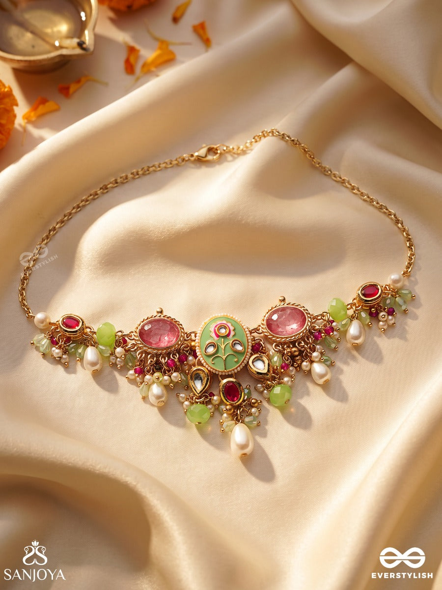 Karunya - Graceful Aura- Intricate Kundan Enamelled Neckpiece With Pearls, Beads And Gemstones
