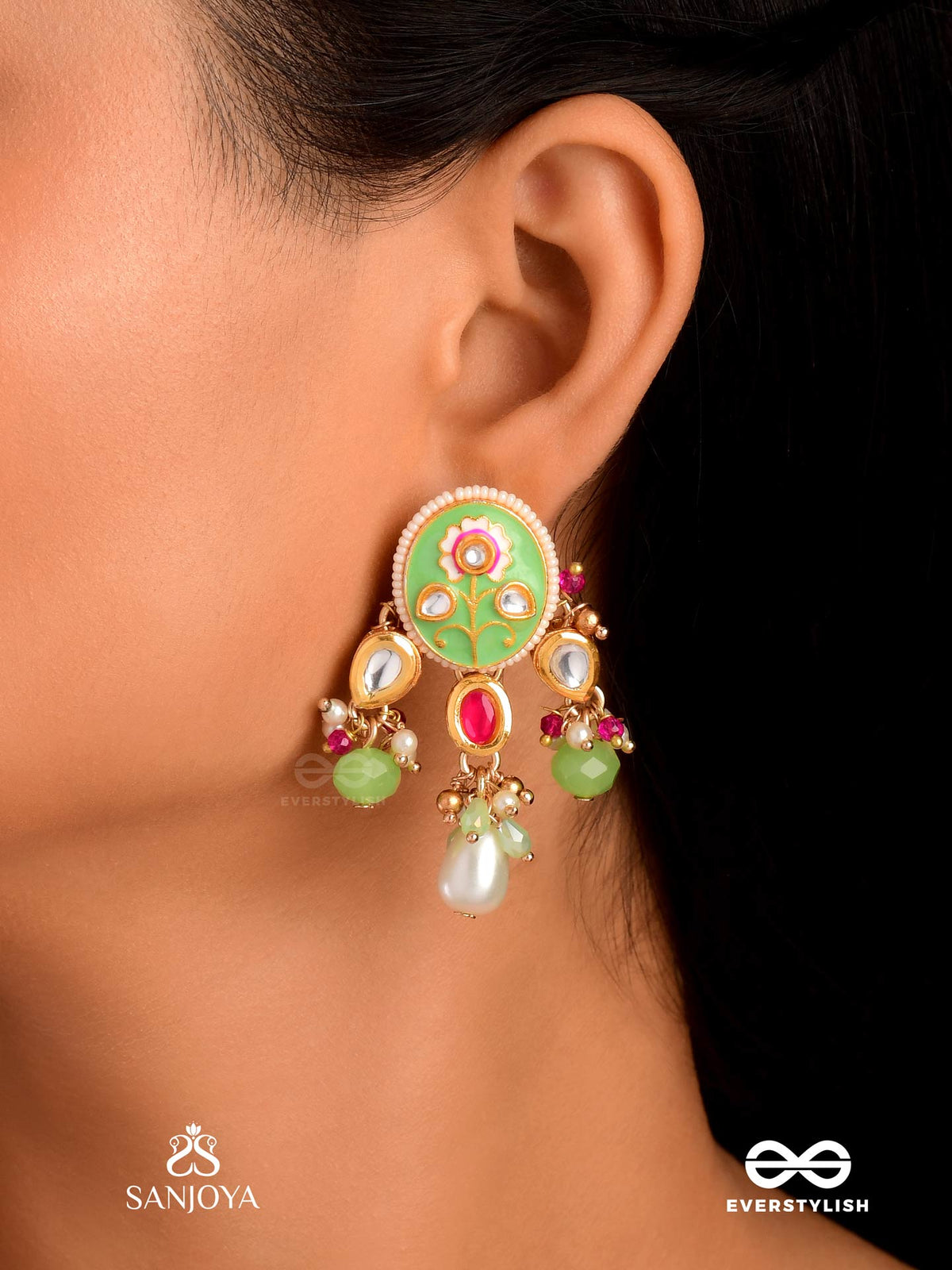 Karunya - Graceful Aura- Intricate Kundan Earrings With Pearls, Beads And Gemstones