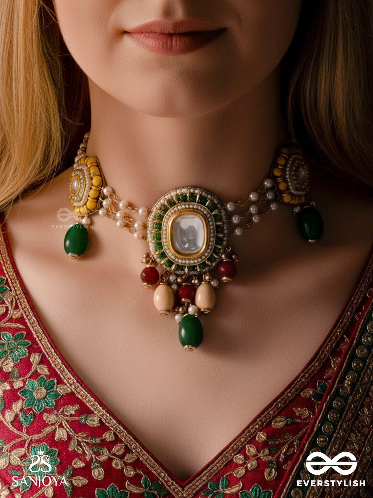 Kanakshobha - Golden Grace- Traditional Kundan Neckpiece With Beads And Pearls