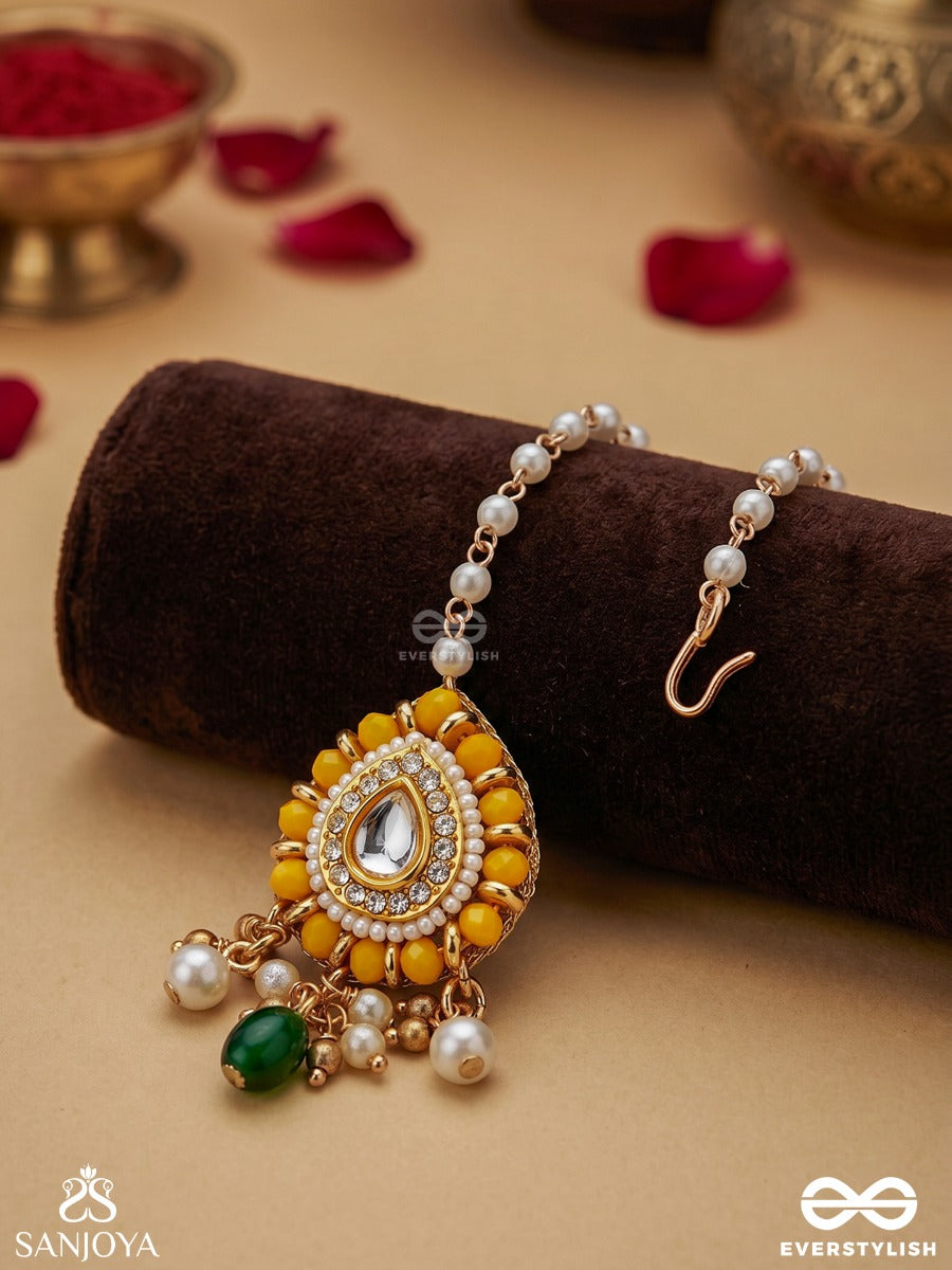 Kanakshobha - Golden Grace- Traditional Kundan Maangtika With Beads And Pearls