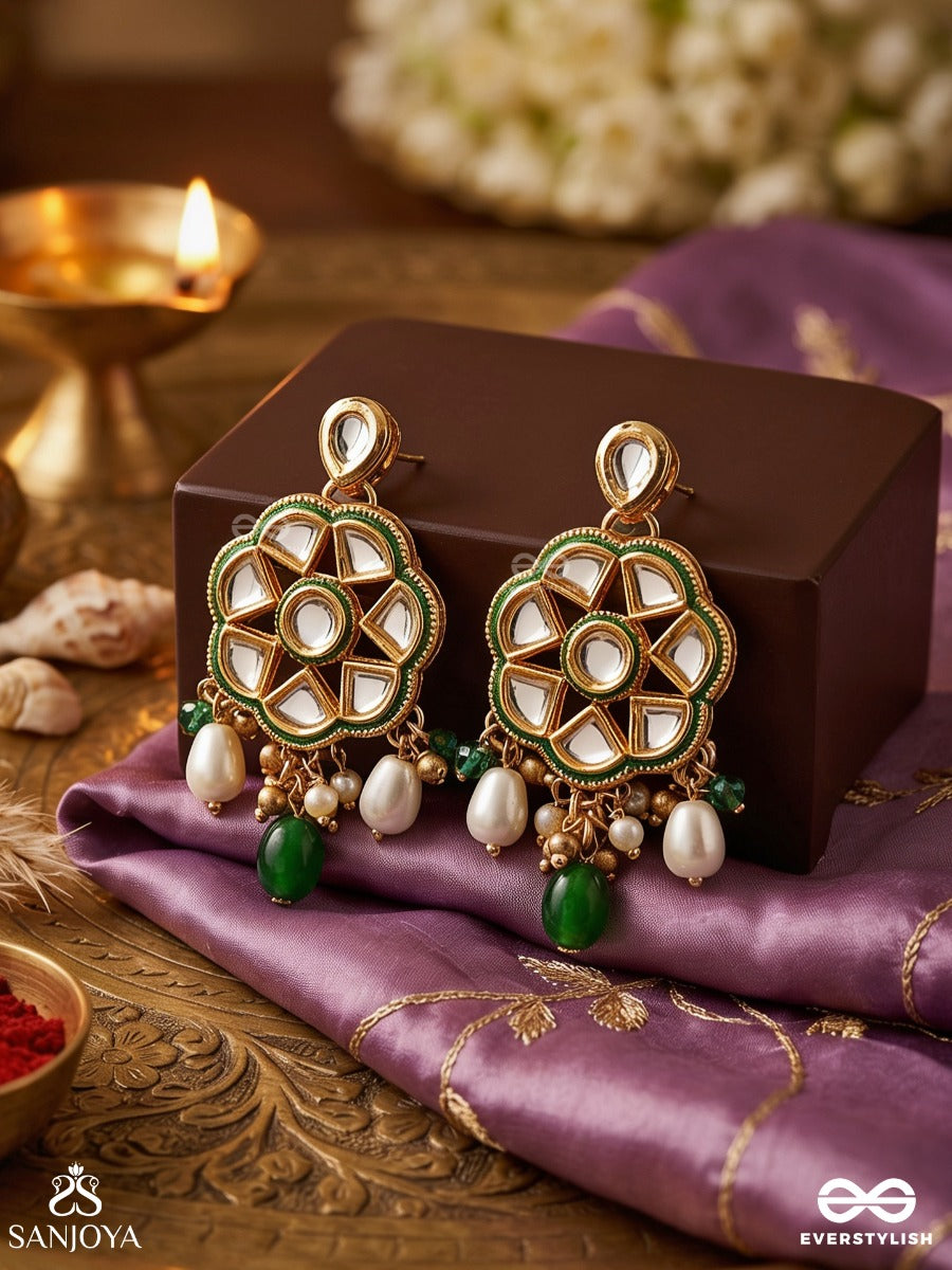Taralya - Gentle Radiance- Minimal Kundan Earrings With Green Drops And Pearls