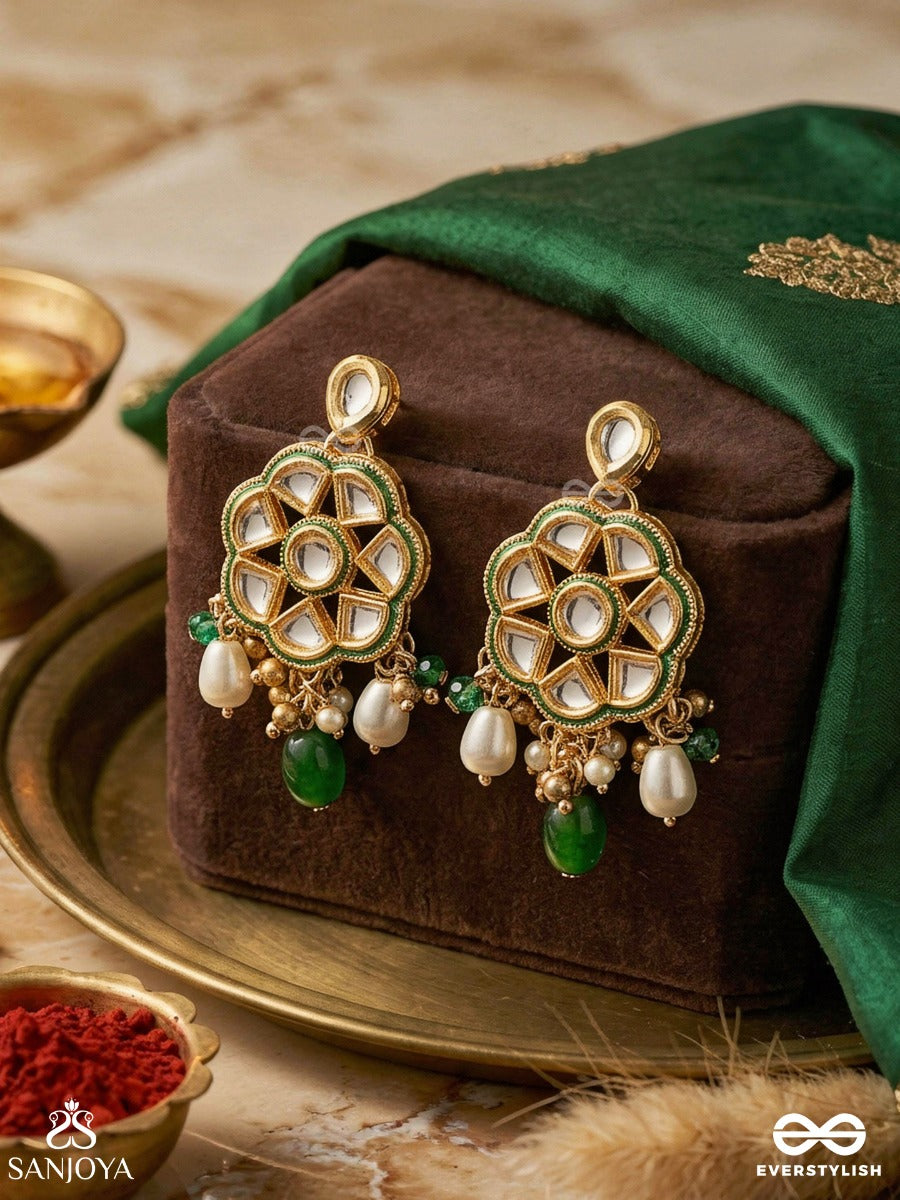 Taralya - Gentle Radiance- Minimal Kundan Earrings With Green Drops And Pearls