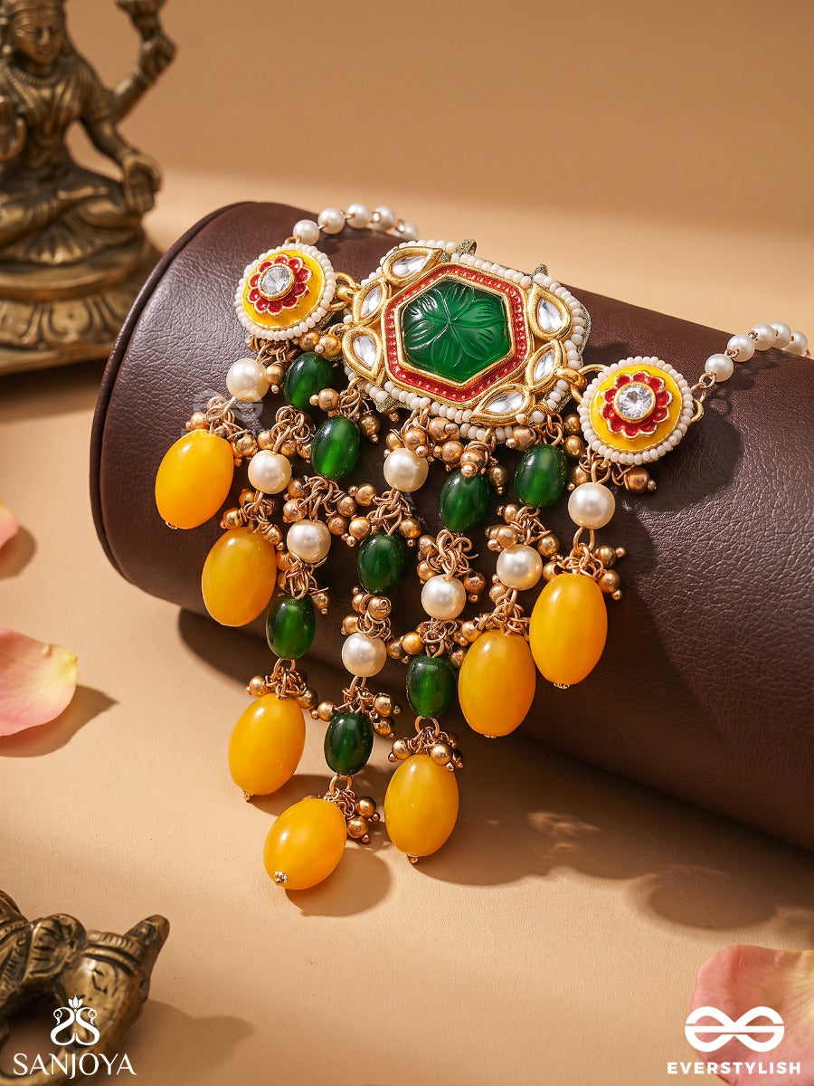 Pitambrini - Adorned In Yellow- Kundan Handcrafted Neckpiece With Pearls And Beads