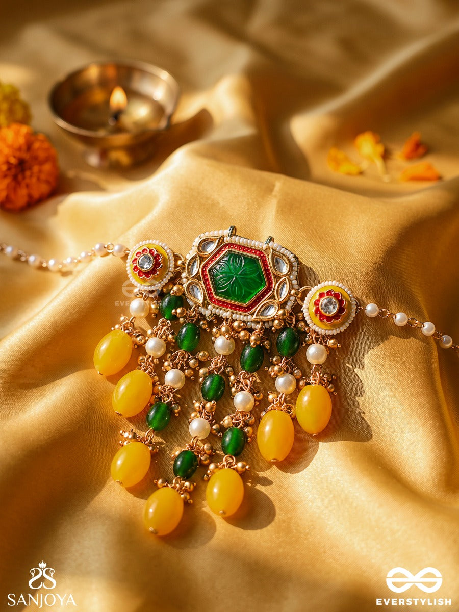 Pitambrini - Adorned In Yellow- Kundan Handcrafted Neckpiece With Pearls And Beads