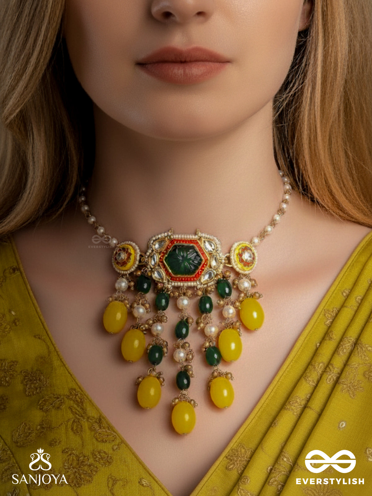 Pitambrini - Adorned In Yellow- Kundan Handcrafted Neckpiece With Pearls And Beads