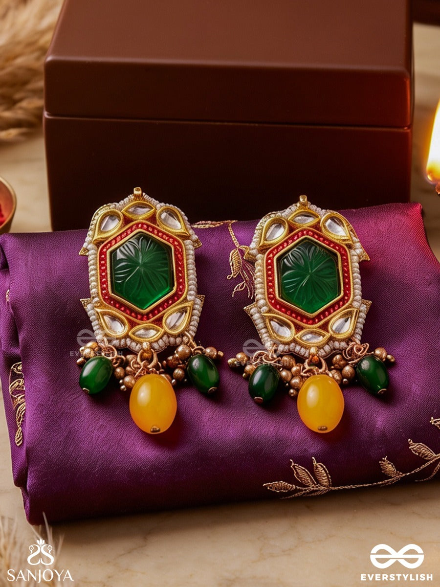 Pitambrini - Adorned In Yellow- Kundan Handcrafted Earrings With Pearls And Beads
