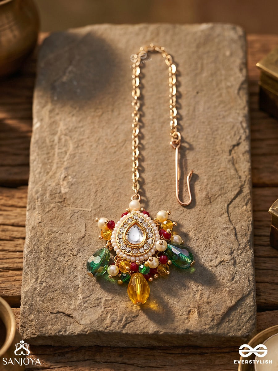 Mridulya - Tender Beauty- Kundan Maangtika With Detailed Round Pendant, Pearls And Beads