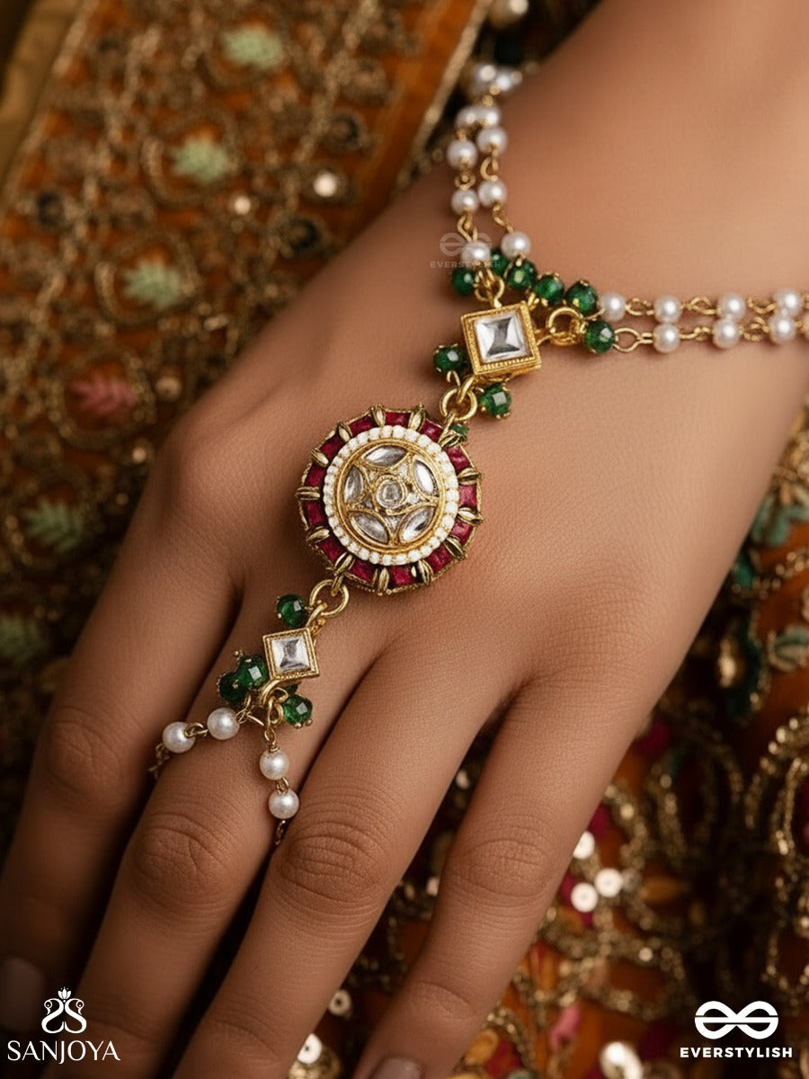Aaradhika - Divine Adornment - Elegant Hathphool With Gemmed Centrepiece And Pearl Link Chains