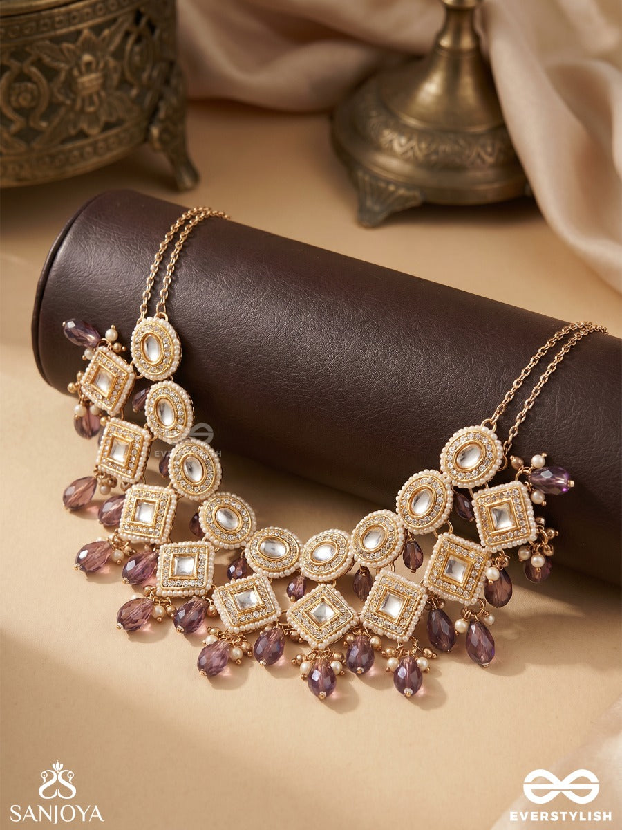 Shyamala - Dusky Queen- Geometric Polki Necklace With Rich Glass Drops And Pearls