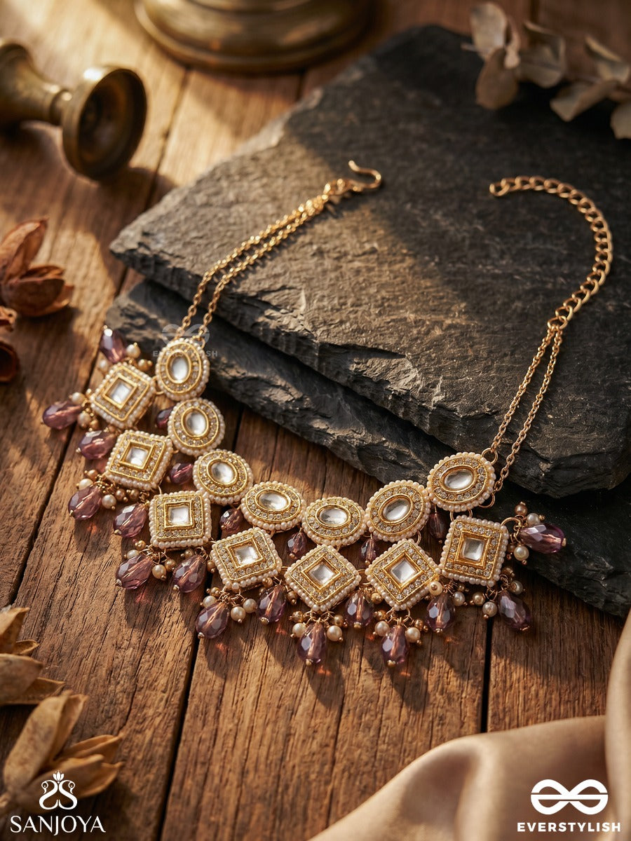 Shyamala - Dusky Queen- Geometric Polki Necklace With Rich Glass Drops And Pearls