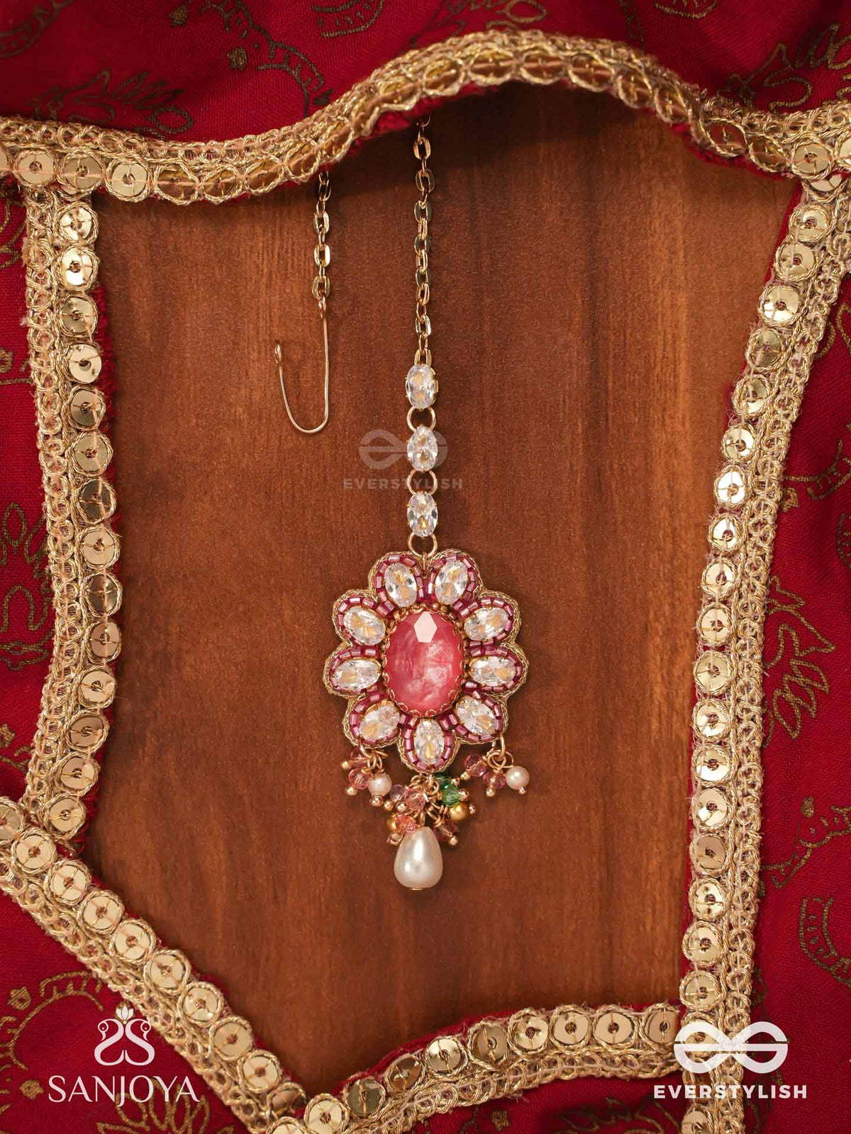 Lalima - Tint Of Pink- Hand Embroidered Maangtika With Pearl Droplets And Gemstones
