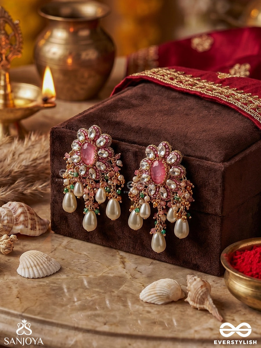 Lalima - Tint Of Pink- Hand Embroidered Earrings With Pearl Droplets And Gemstones