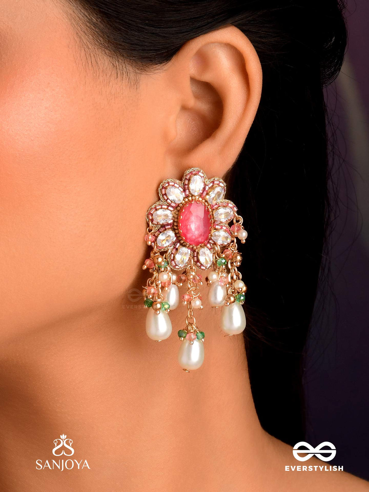Lalima - Tint Of Pink- Hand Embroidered Earrings With Pearl Droplets And Gemstones