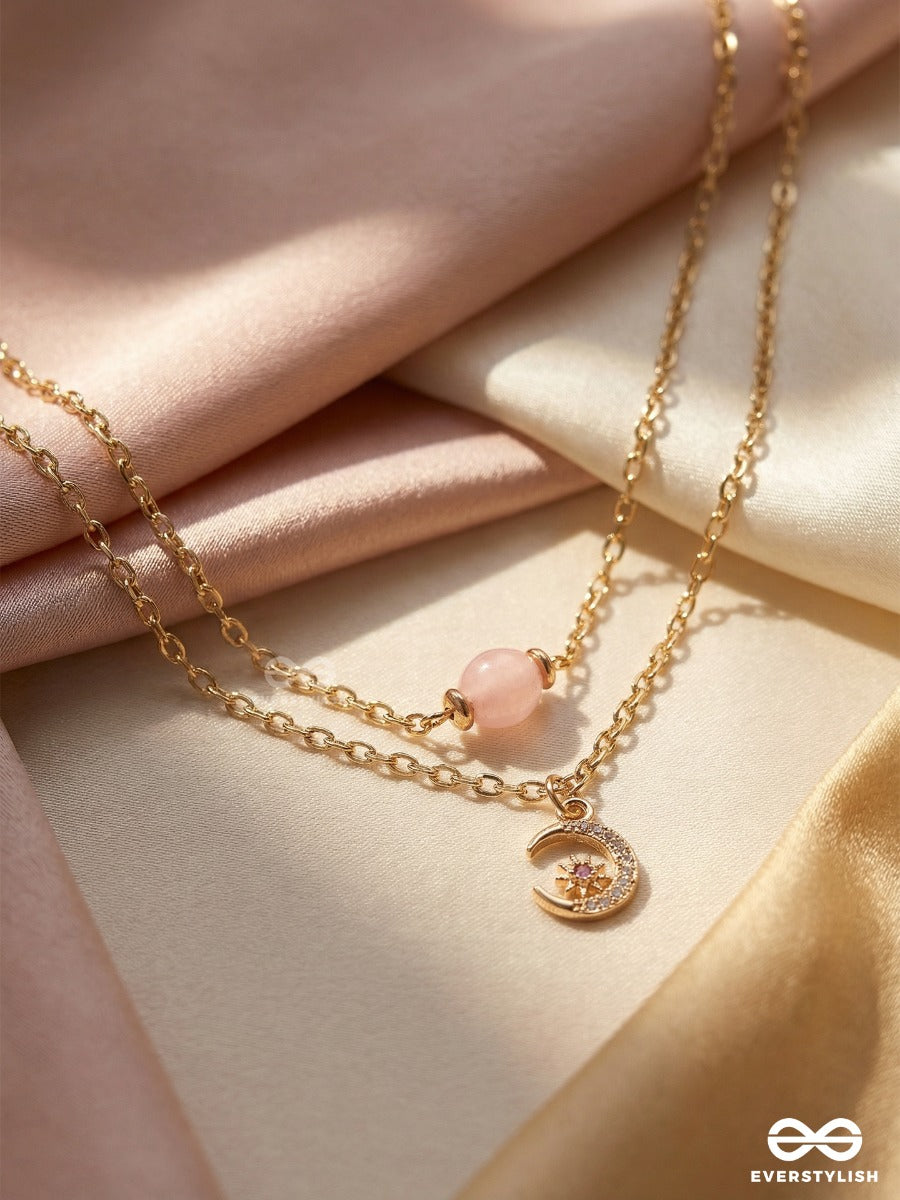 Celestial Twinkle - Golden Necklace With Pink Stone And Moon