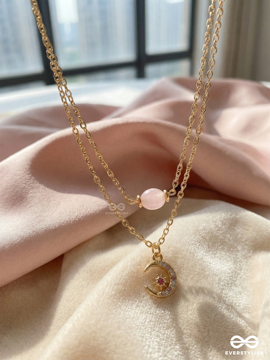 Celestial Twinkle - Golden Necklace With Pink Stone And Moon