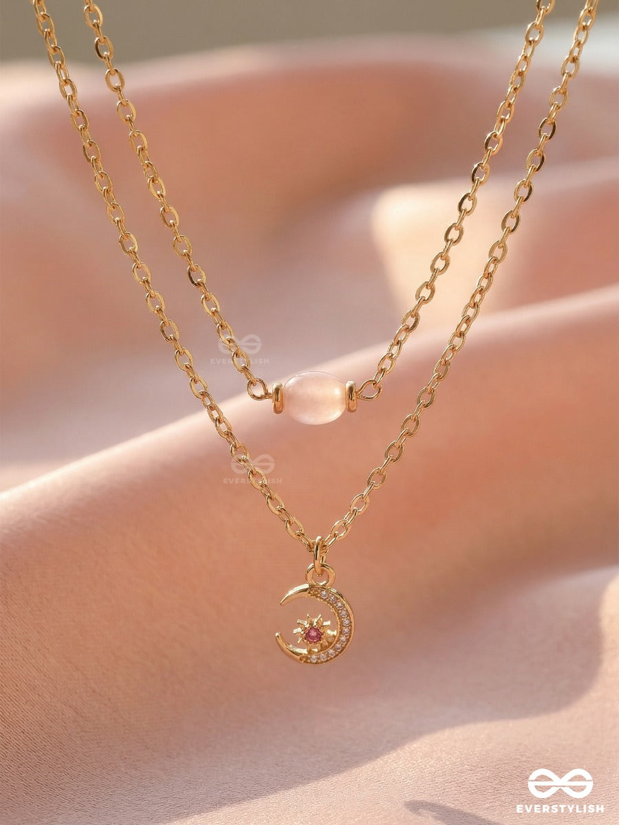 Celestial Twinkle - Golden Necklace With Pink Stone And Moon