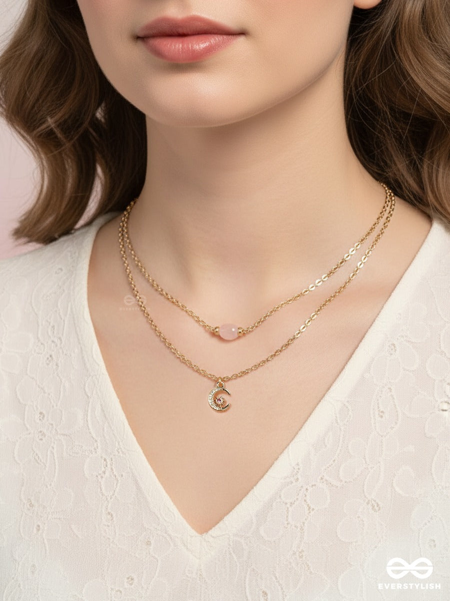 Celestial Twinkle - Golden Necklace With Pink Stone And Moon