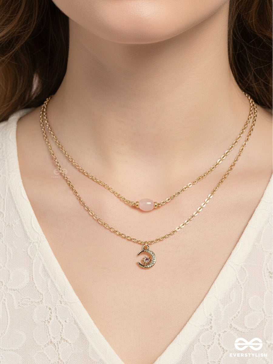 Celestial Twinkle - Golden Necklace With Pink Stone And Moon