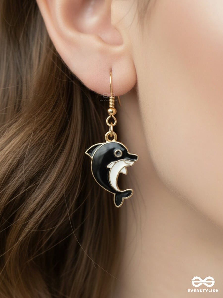 Black Splash - Quirky Dark Dolphin Drop Earrings