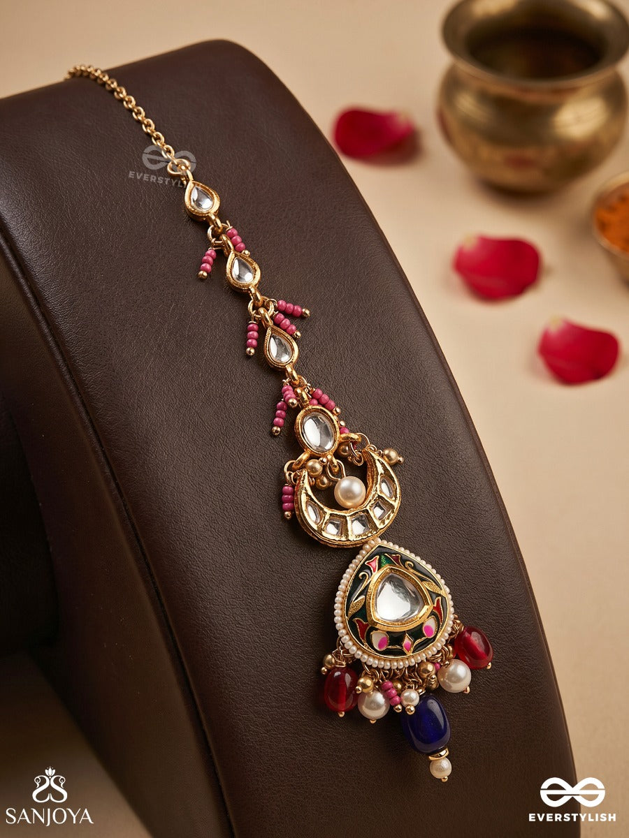 Kumudraag - Blooming At Night- Intricate Enamelled Handcrafted Kundan Maangtika With Pearls And Beads