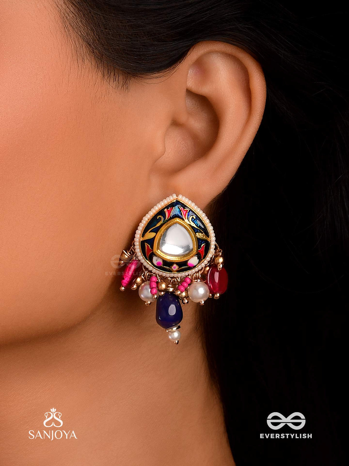 Kumudraag - Blooming At Night- Intricate Enamelled Handcrafted Kundan Earrings With Pearls And Beads