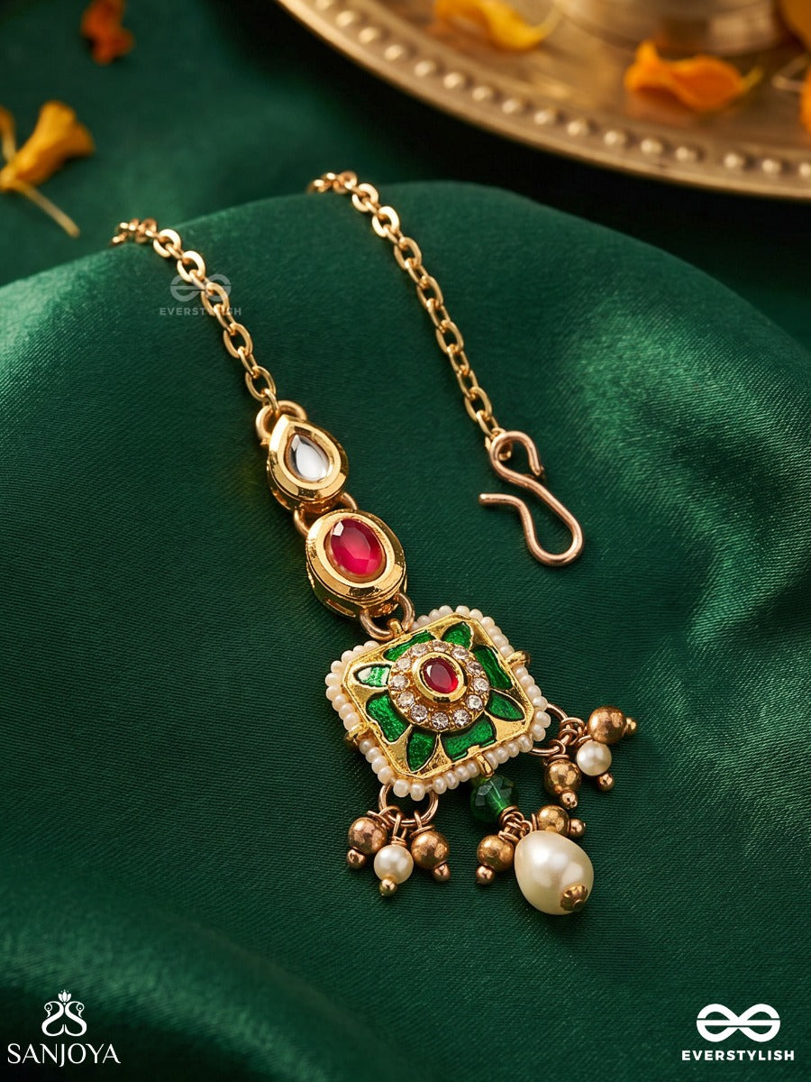 Vandevi - Goddess Of The Forest- Graceful Kundan Maangtika With Beads, Dainty Chains And Pearl Drops