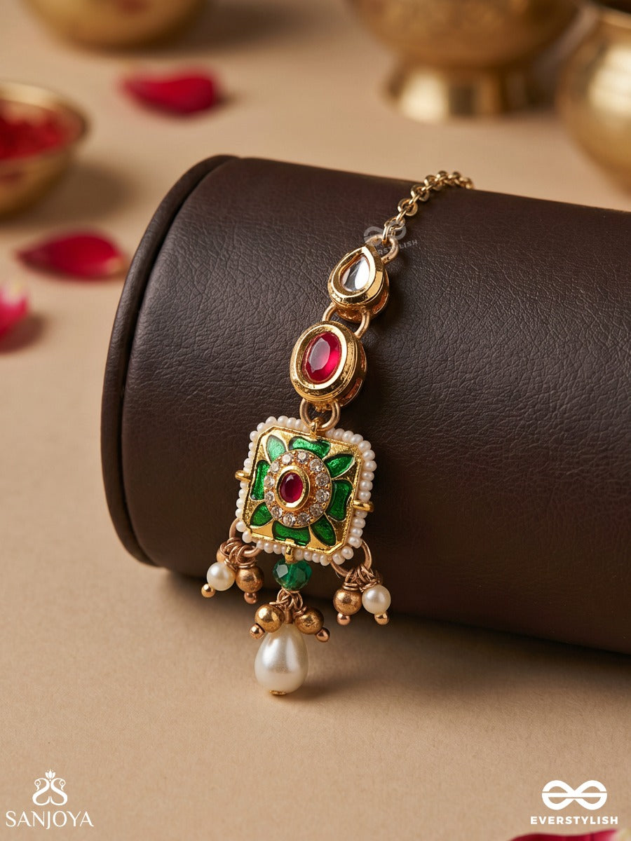 Vandevi - Goddess Of The Forest- Graceful Kundan Maangtika With Beads, Dainty Chains And Pearl Drops