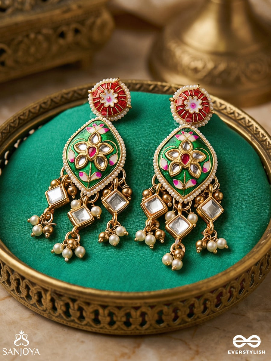 Shringarika - The Adorned One- Elegant Pearl Earrings With Green Enamel Drop, Kundan And Beads