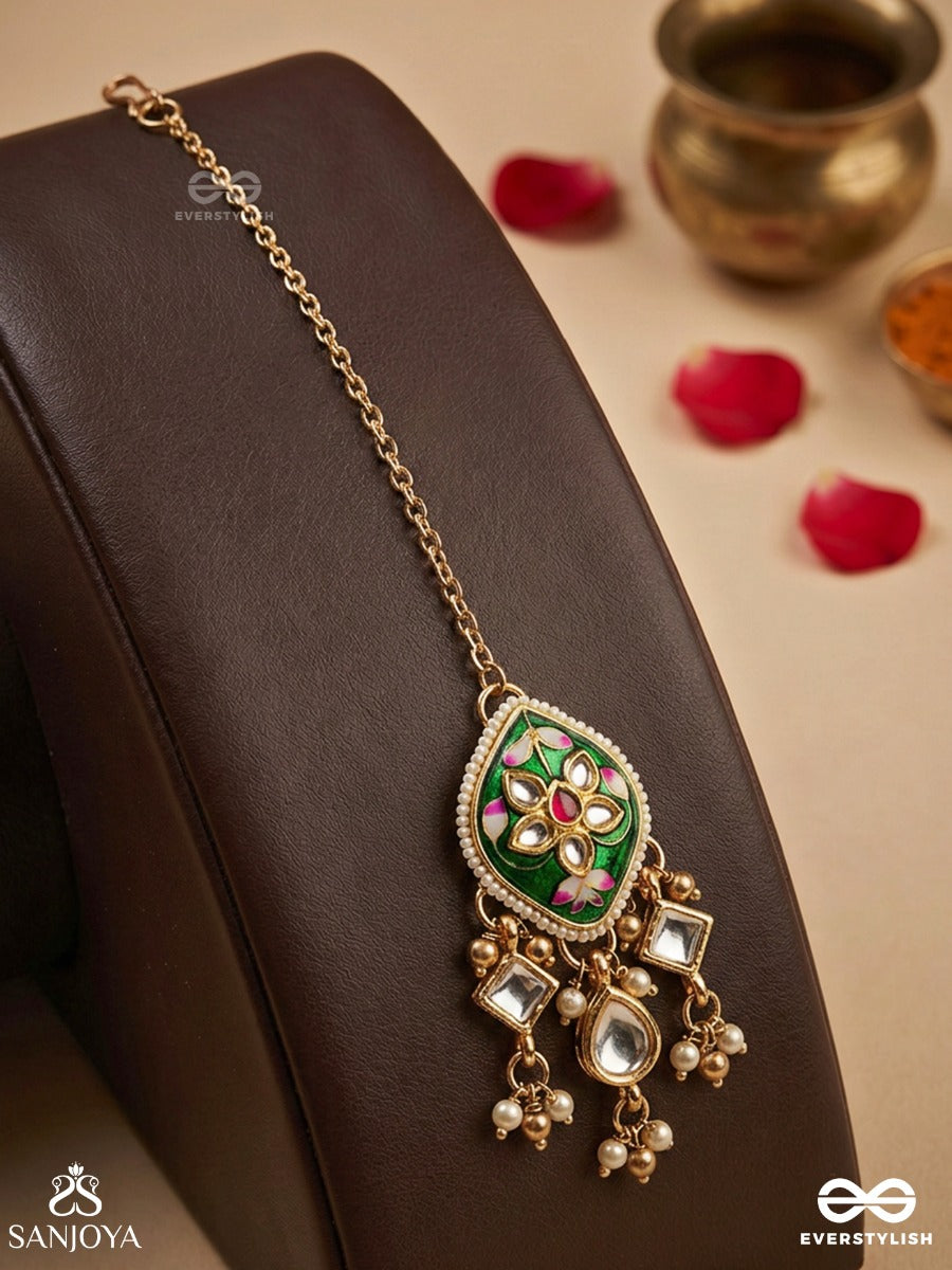 Shringarika - The Adorned One- Elegant Pearl Maangtika With Green Enamel Drop, Kundan And Beads