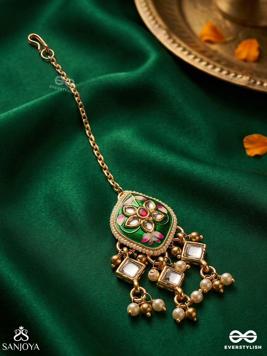 Shringarika - The Adorned One- Elegant Pearl Maangtika With Green Enamel Drop, Kundan And Beads