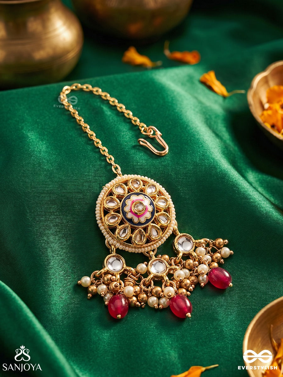 Tribandhura - Three-Stranded Beauty- Kundan Maangtika With Floral Enamelled Medallions And Ruby Drops