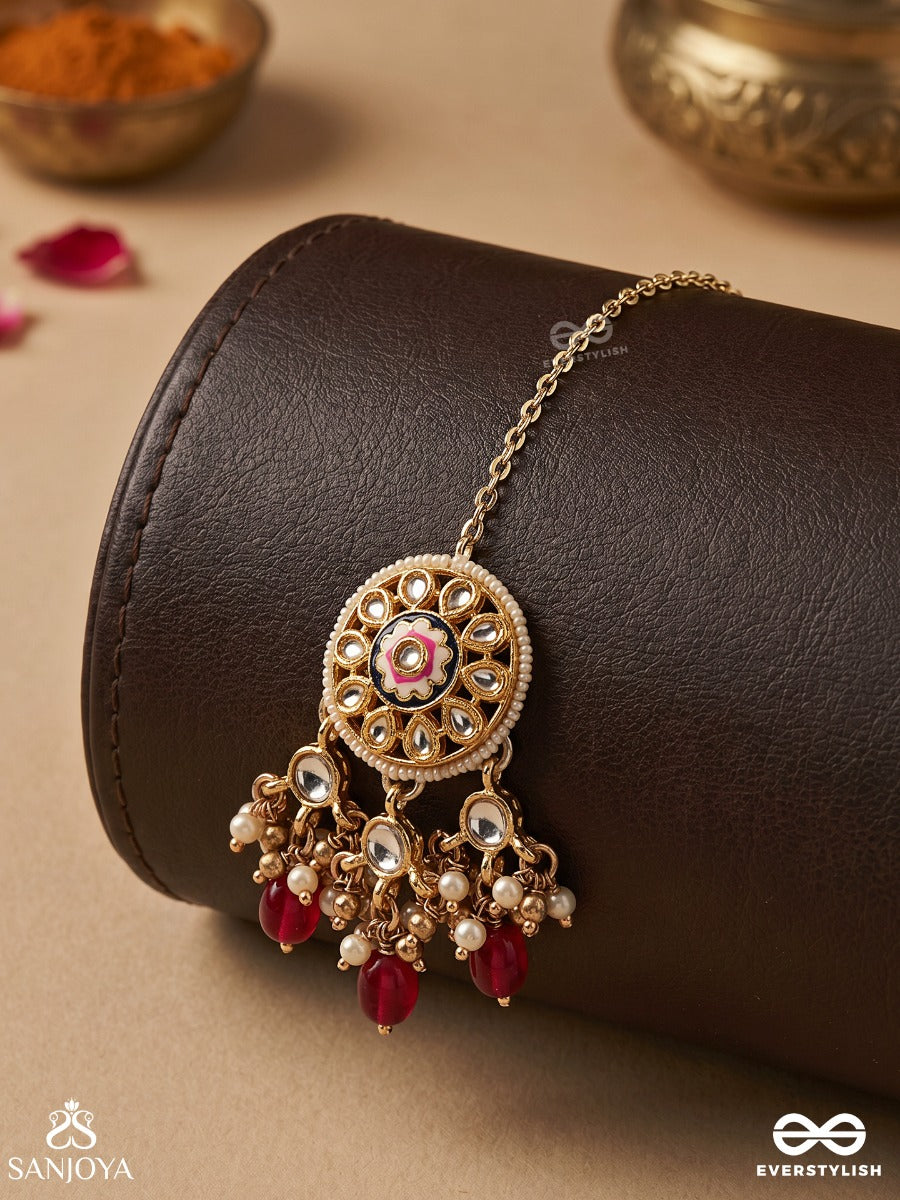 Tribandhura - Three-Stranded Beauty- Kundan Maangtika With Floral Enamelled Medallions And Ruby Drops