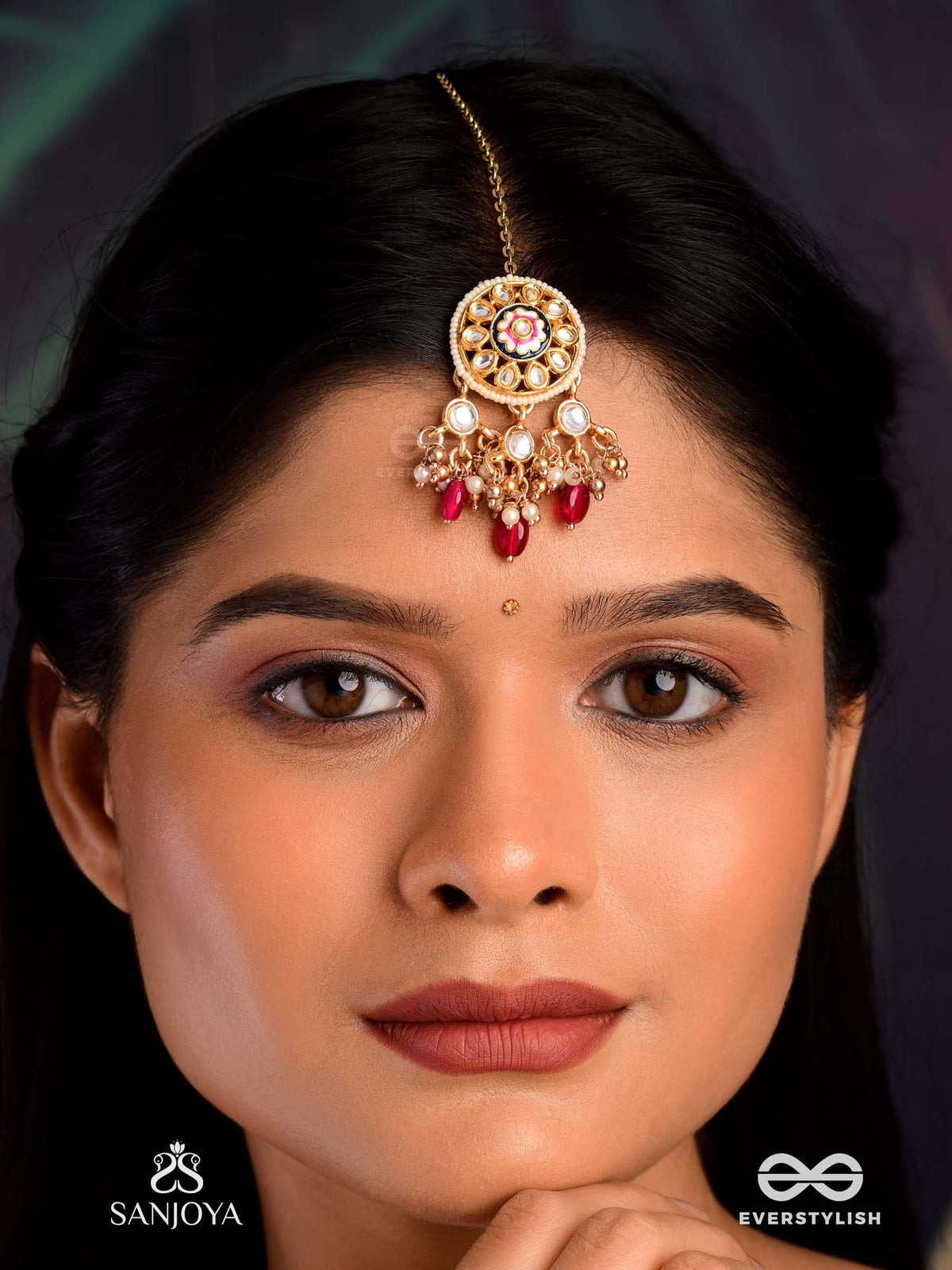 Tribandhura - Three-Stranded Beauty- Kundan Maangtika With Floral Enamelled Medallions And Ruby Drops