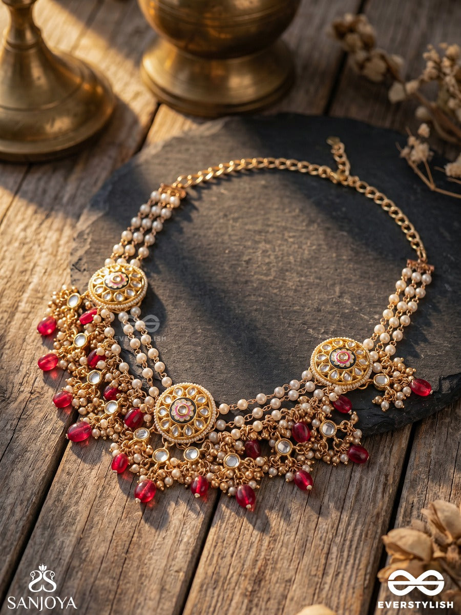 Tribandhura - Three-Stranded Beauty- Triple-Chain Kundan Neckpiece With Floral Enamelled Medallions And Ruby Drops