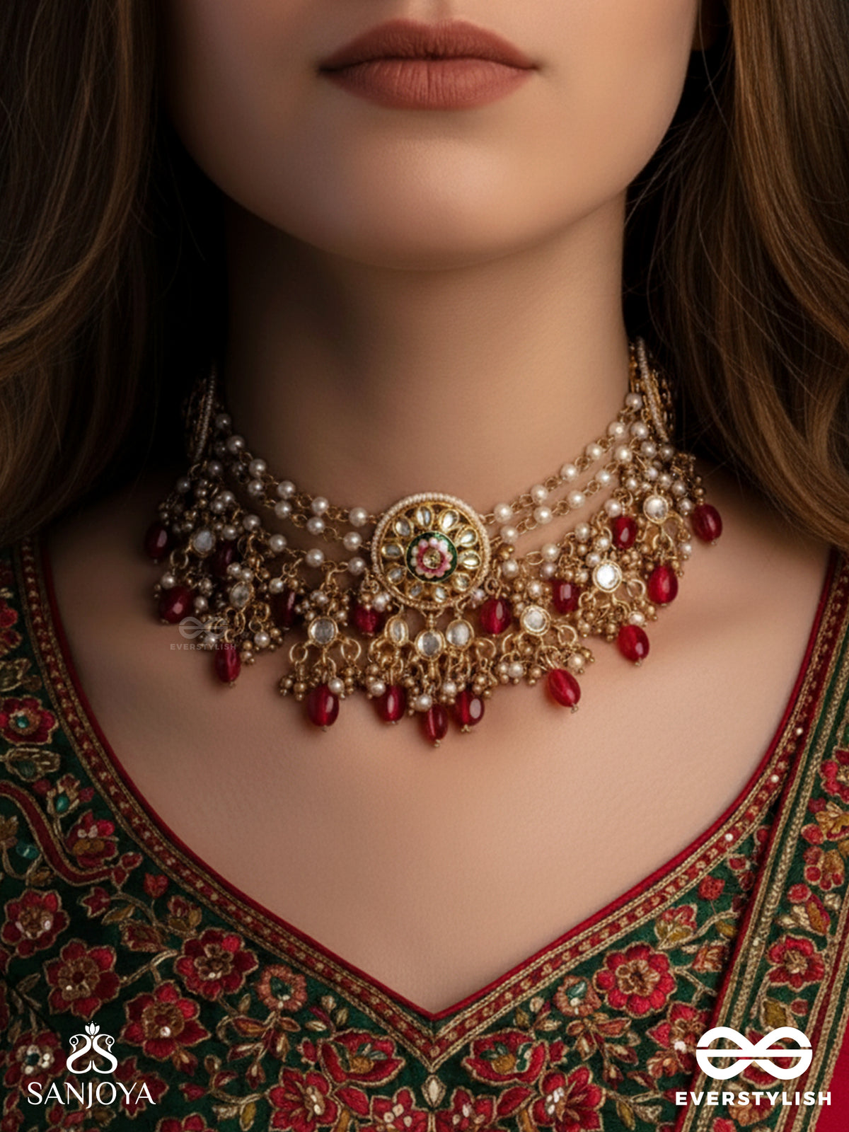 Tribandhura - Three-Stranded Beauty- Triple-Chain Kundan Neckpiece With Floral Enamelled Medallions And Ruby Drops